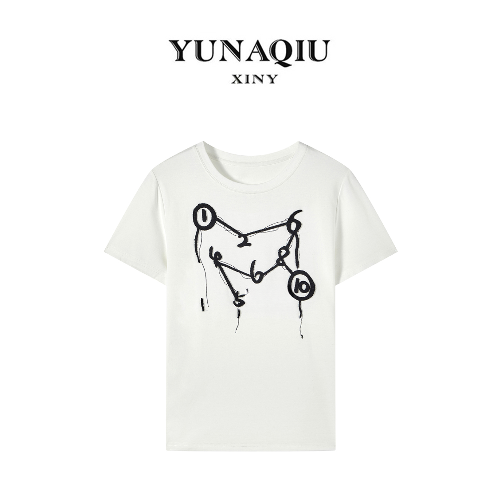 YUNAQIU-马家夏季简约百搭牙刷绣重工数字t桖修身弹力上衣女-7834