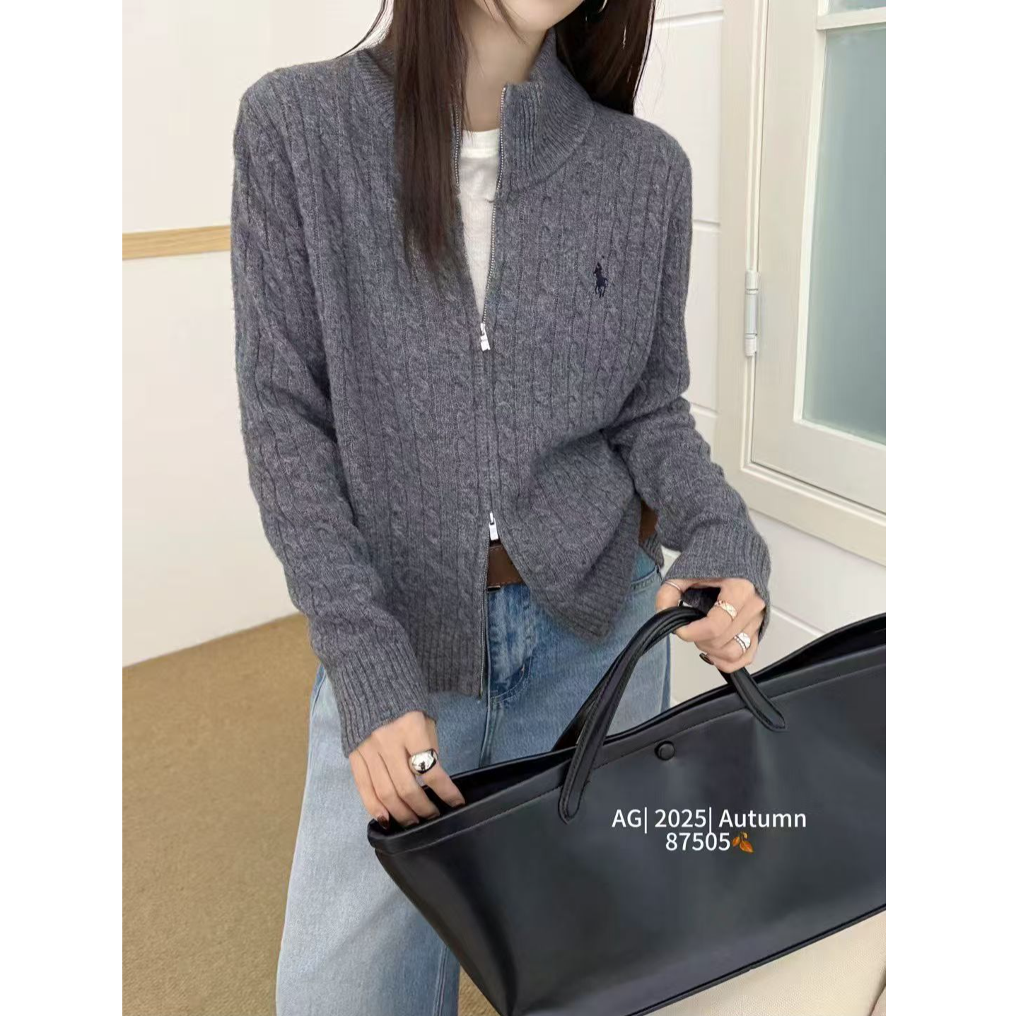 【运费补贴】麻花高领灰色欧货针织开衫女毛衣外套拉链宽松上衣