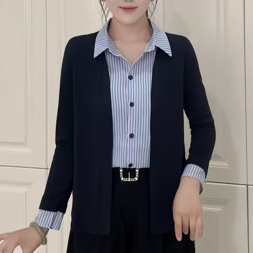 2025秋季新款洋气翻领假两件上衣Z气质女装休闲条纹长袖衬衣25182