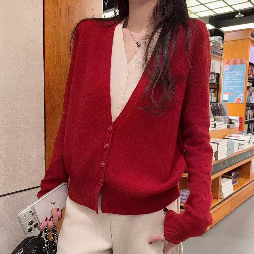 100羊毛假两件红色毛衣秋冬撞色v领长袖针织开衫上衣GS016