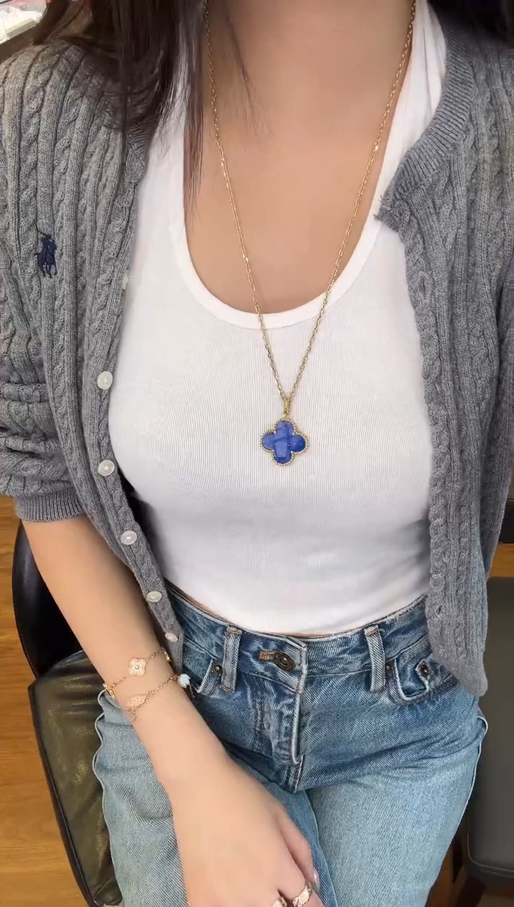 18K金镶嵌项链玛瑙/玉髓26mm蓝花项链60cm长