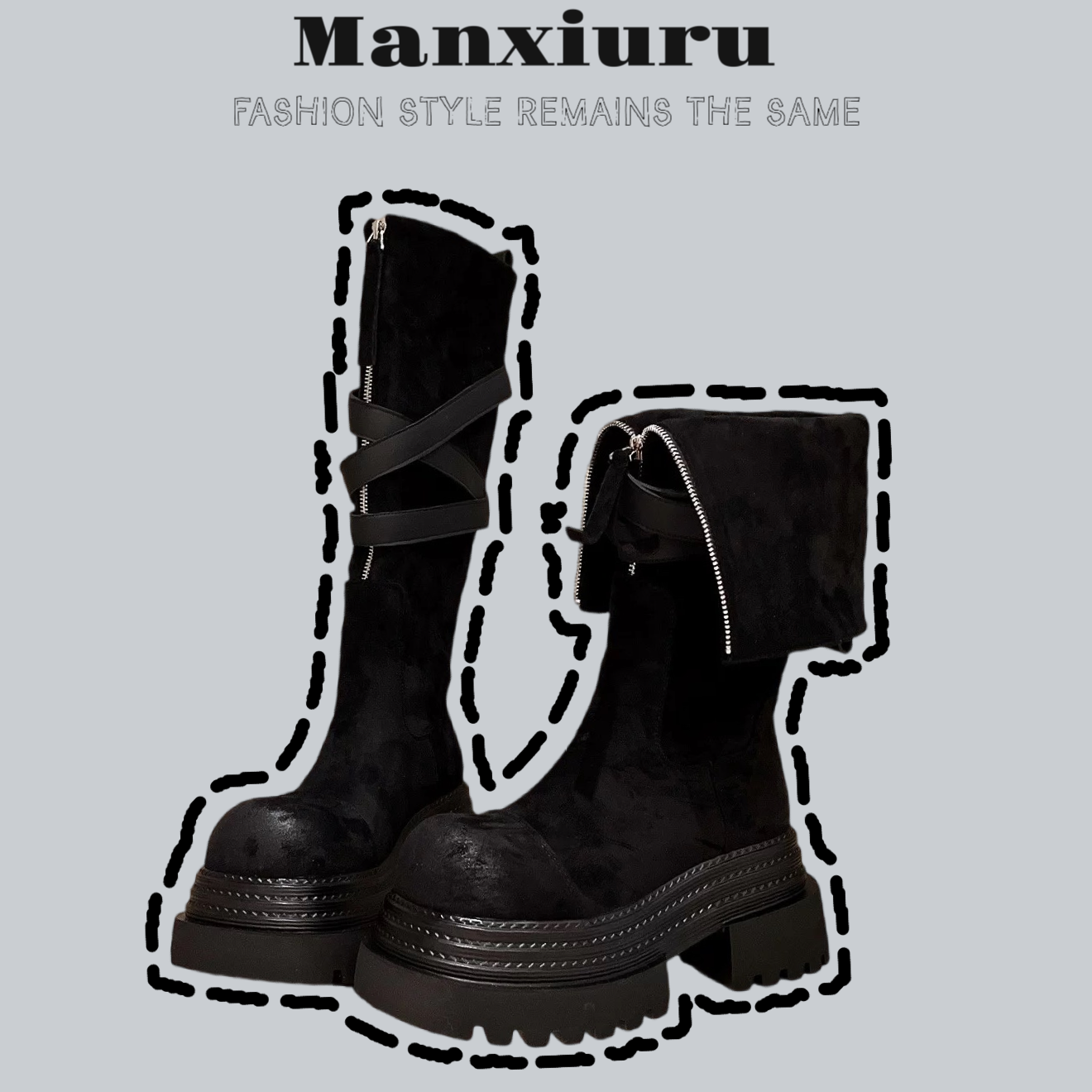 【曼曼】高定“双生格调”一鞋两穿高级感女中筒靴复古厚底方跟时装靴