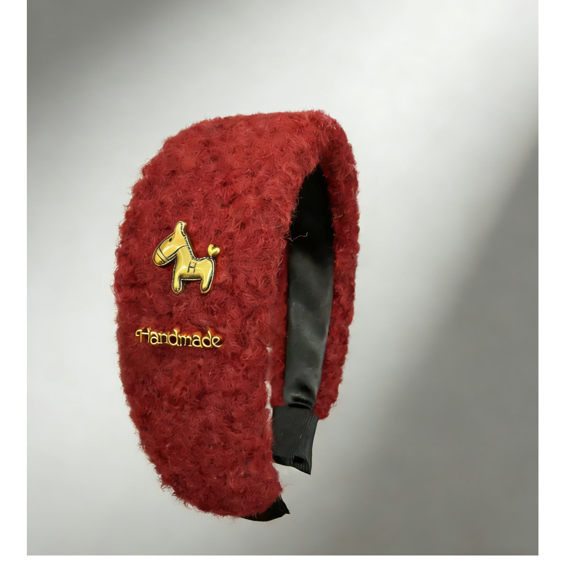 80097  6公分羊绒卷毛发箍红棕系金属小马标高颅顶神器可爱百搭