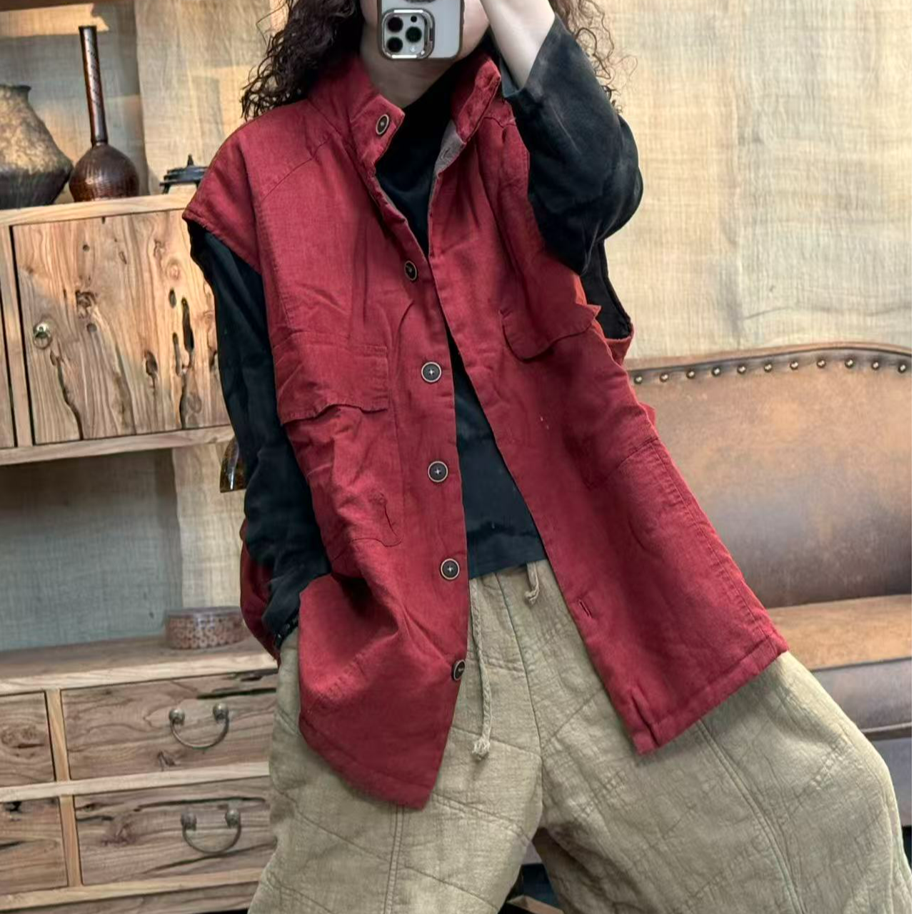 [四月阳光]冬季麻料夹薄棉炒色做旧立领中长款马夹(长75胸围140)