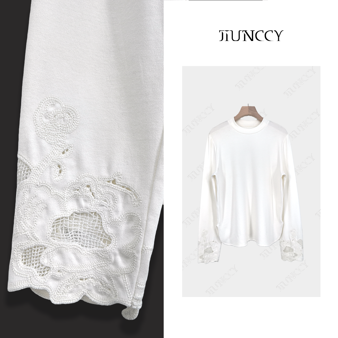JIUNCCY【莲绣】羊毛莫代尔棉混纺袖口刺绣弧形下摆长袖T恤52YTX012