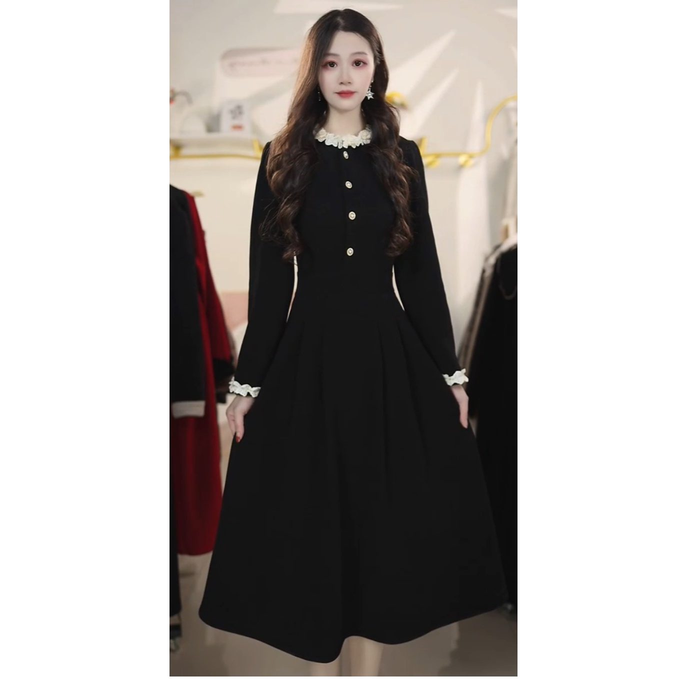 秋冬法式复古赫本风小黑裙显瘦A字中长款高级感连衣裙Y651215