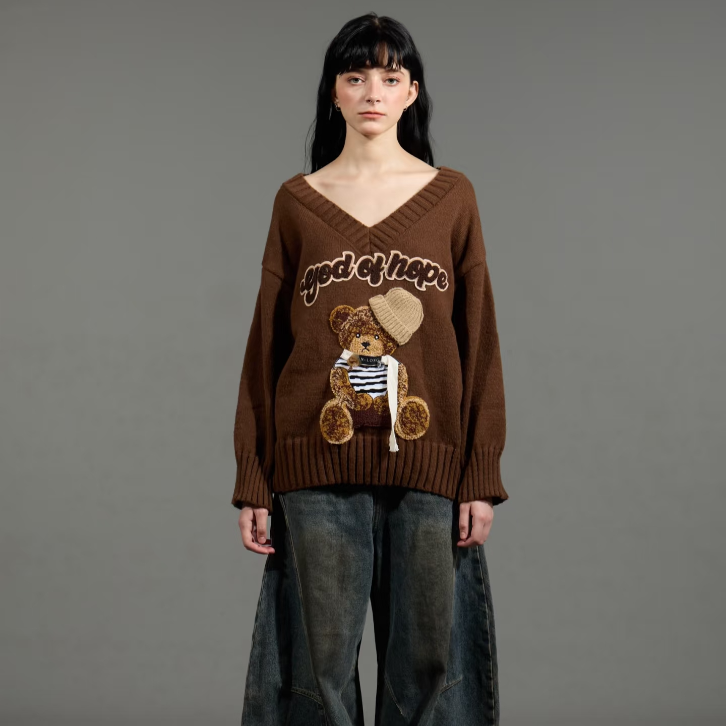 AN.LONG小熊冬季休闲V领长袖毛针织衫