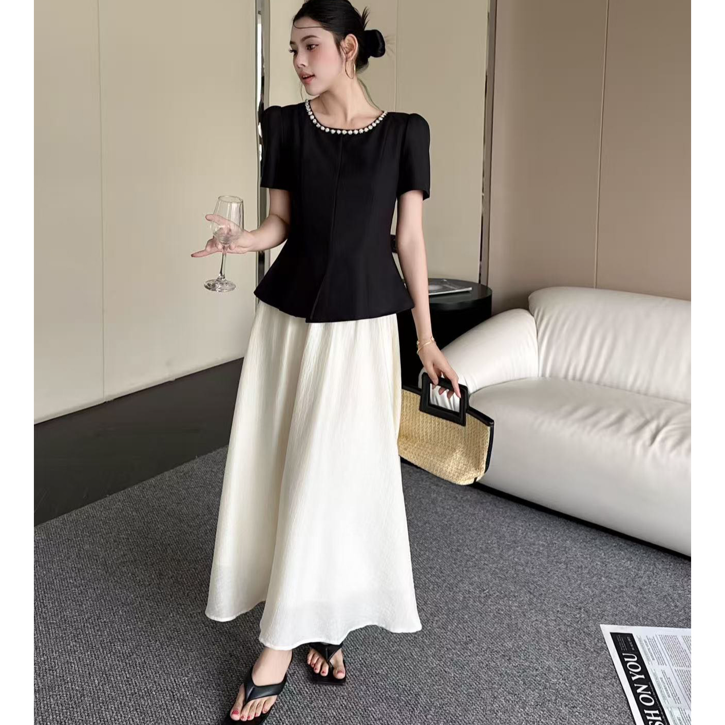 无印心匠D88112气质收腰显瘦短袖搭配高腰半身裙时尚套装K321