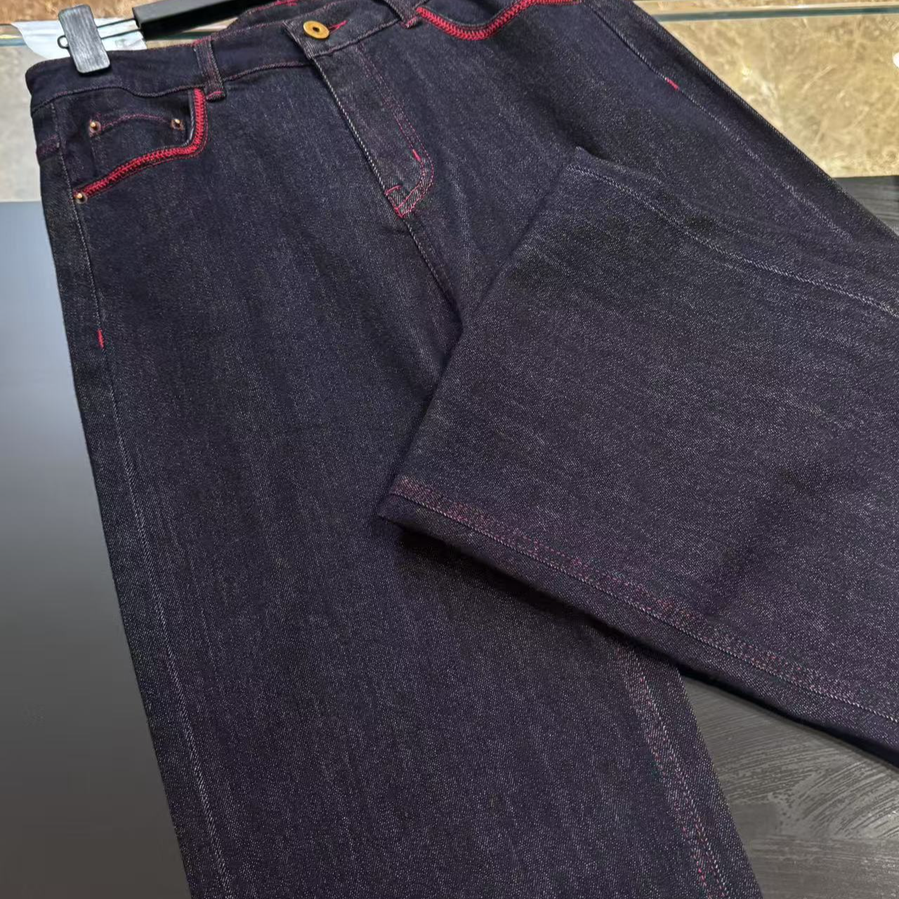 Hooomiee红边口袋设计高腰直筒百搭设计感牛仔裤9732