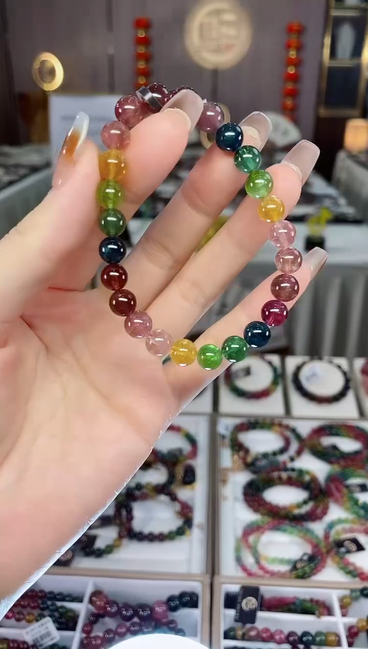 老矿彩虹碧玺色标透体单圈手串7mm+未镶嵌碧玺dan多样性发货一条