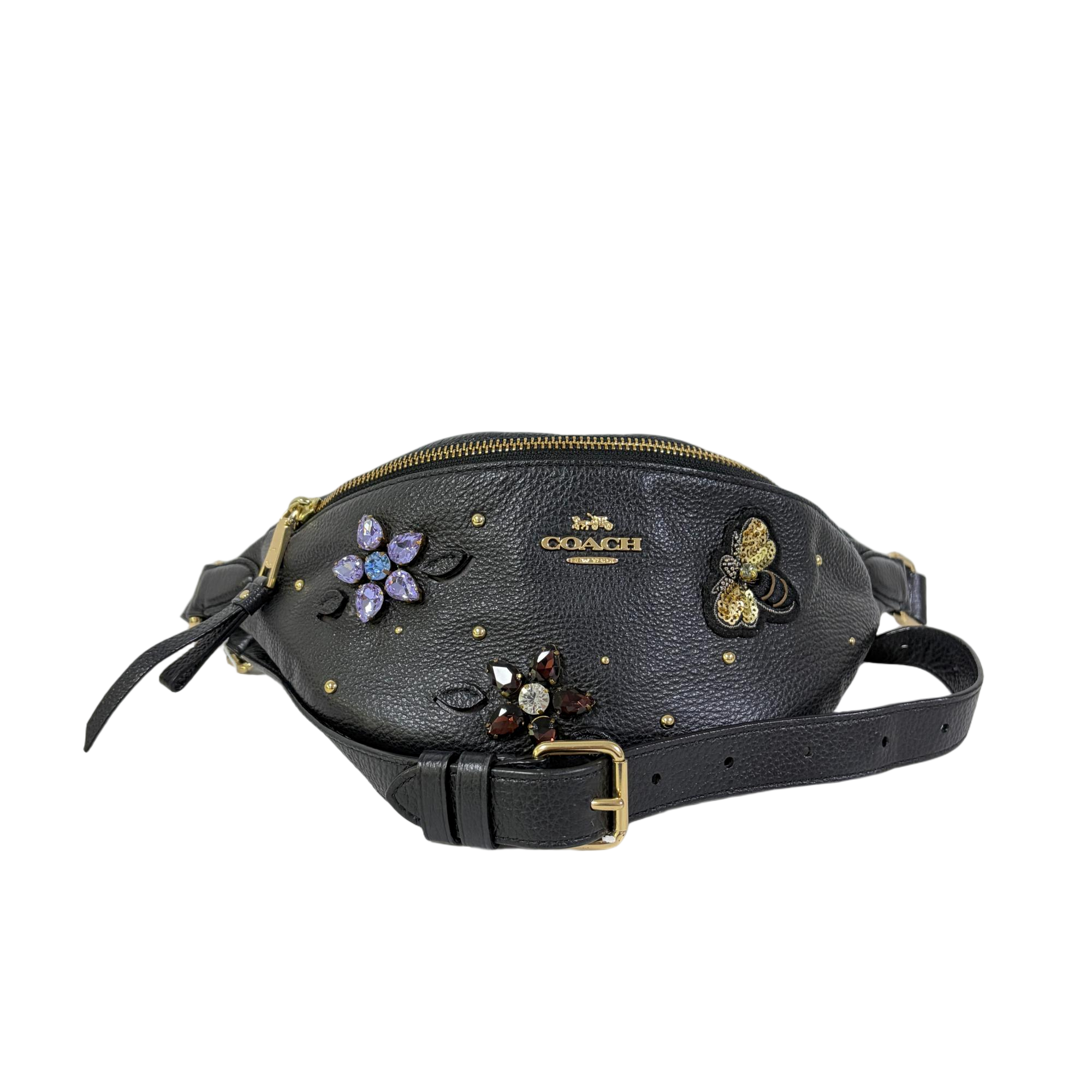 95新 COACH/蔻驰 黑色全皮女士腰包胸包 SH-30886-A