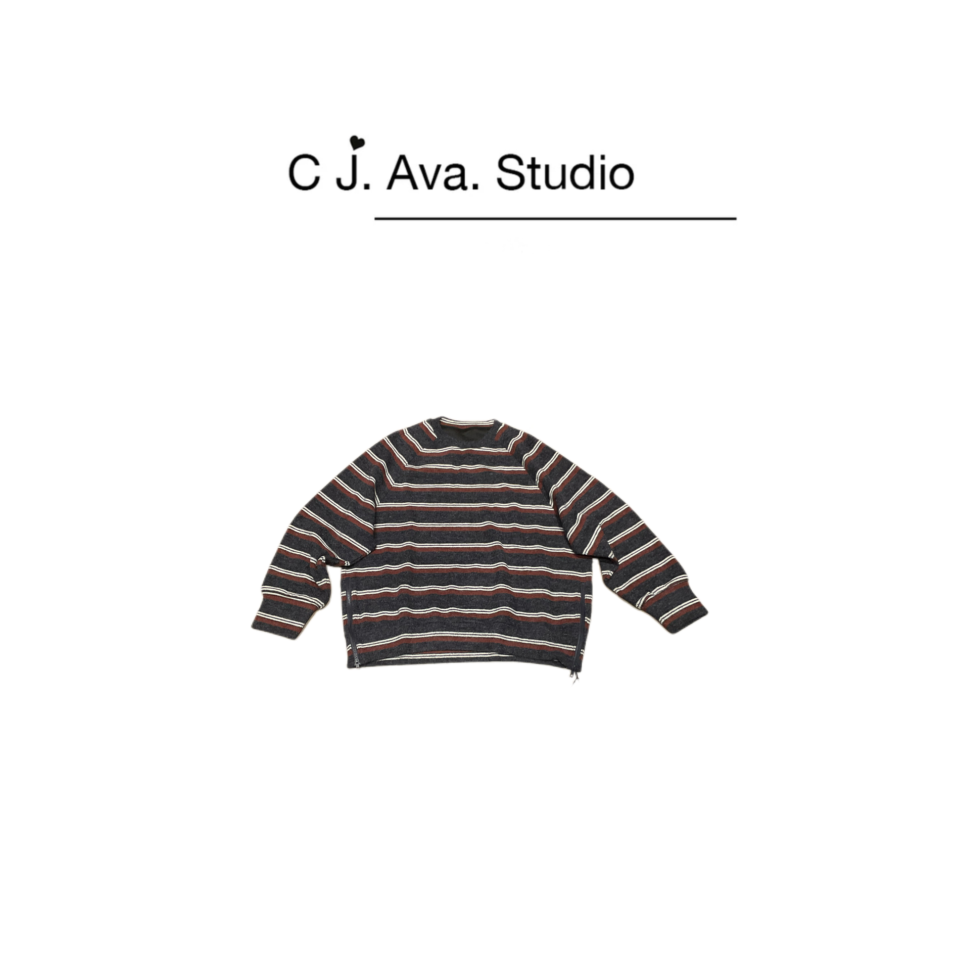 【CJ.Ava Studio】慵懒风条纹圆领侧边拉链宽松显瘦百搭毛衣75088