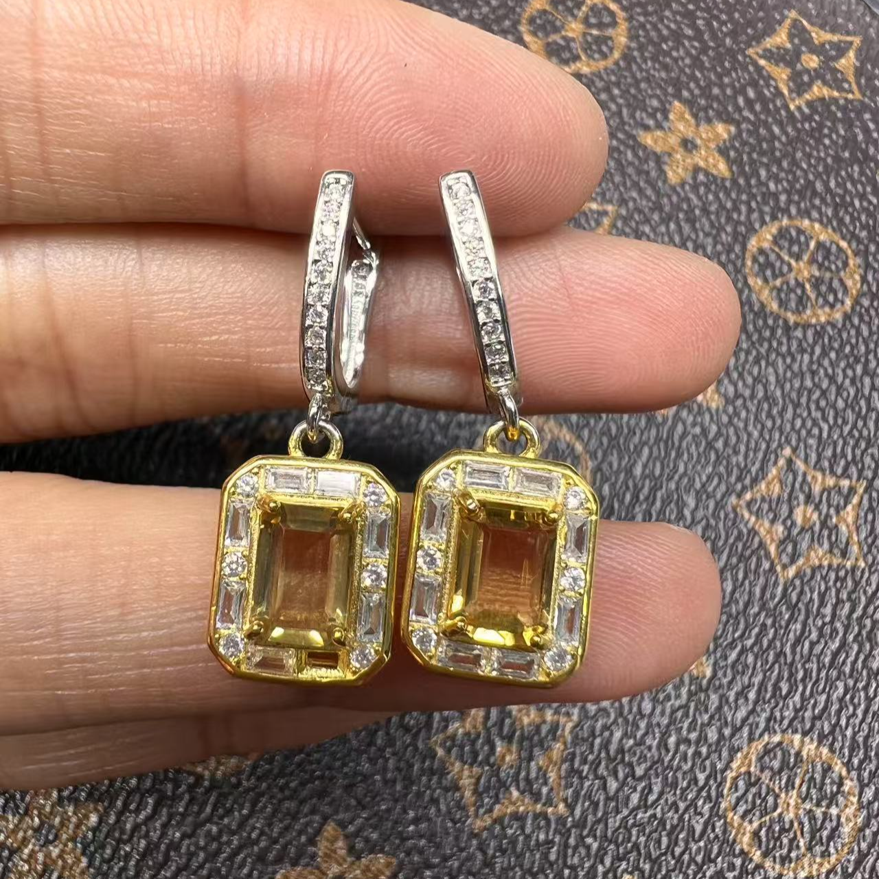 925银耳饰 天然巴西-净水黄水晶-纯银精品耳饰