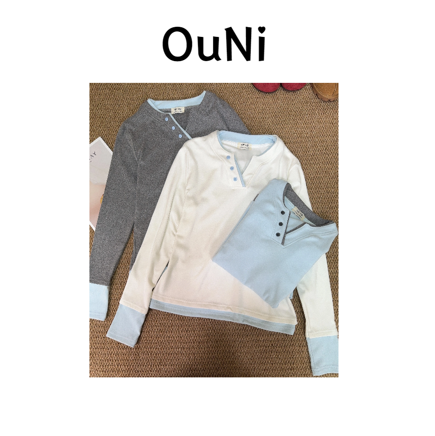 OuNi"奶蓝撞领" 秋冬新款韩系休闲简约撞色纽扣V领长袖打底衫
