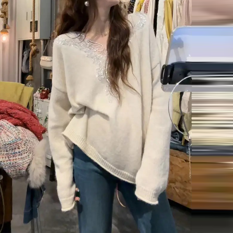 【韩系】温柔气质重工珍珠亮片钉珠花边毛衣2025秋冬新款针织衫