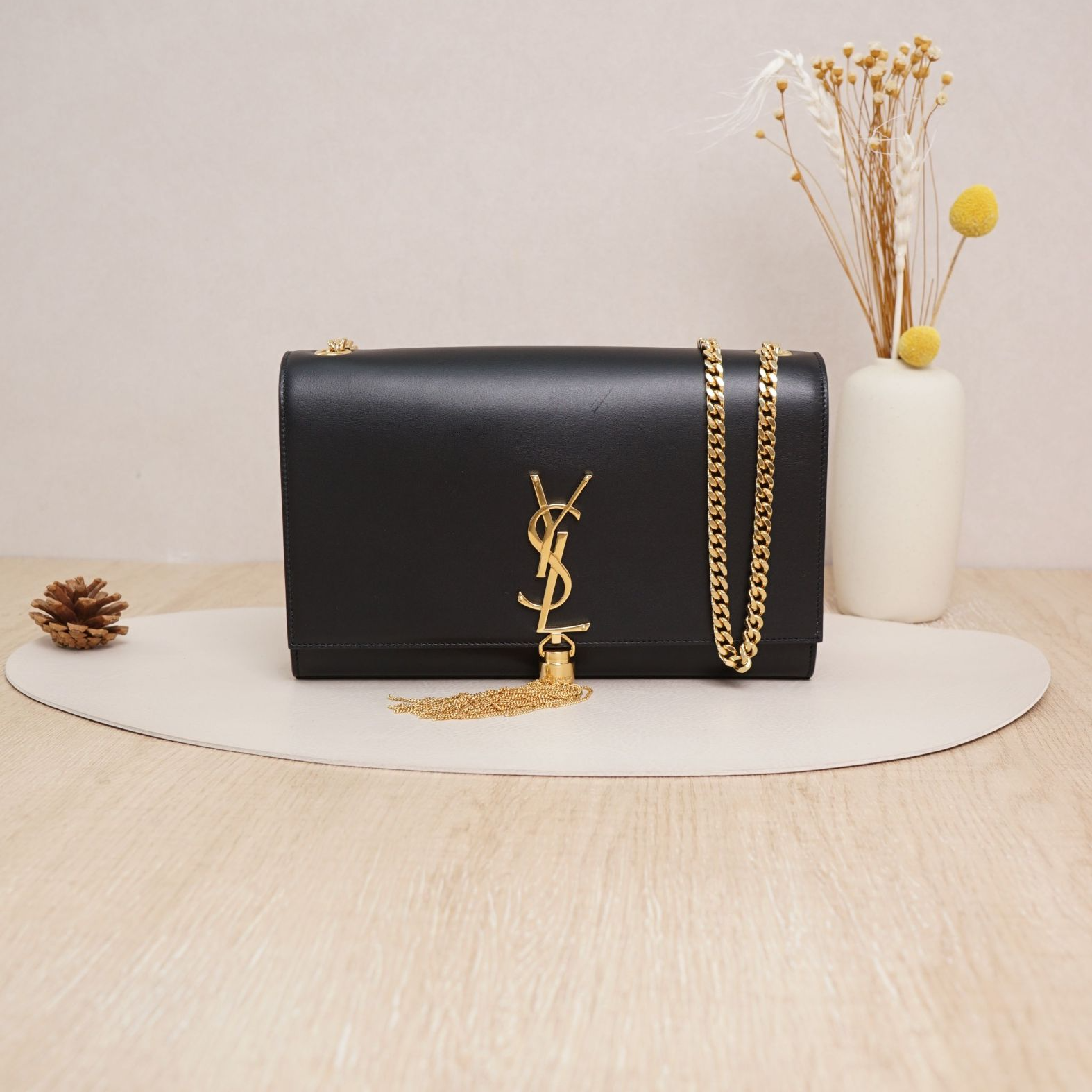 95新 YSL/圣罗兰  圣罗兰Kate黑金流苏链条包牛皮/DS100881