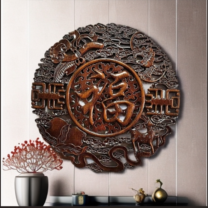 东阳木雕挂件圆形福字镂空雕刻香樟木中式壁挂玄关装饰画实木挂画