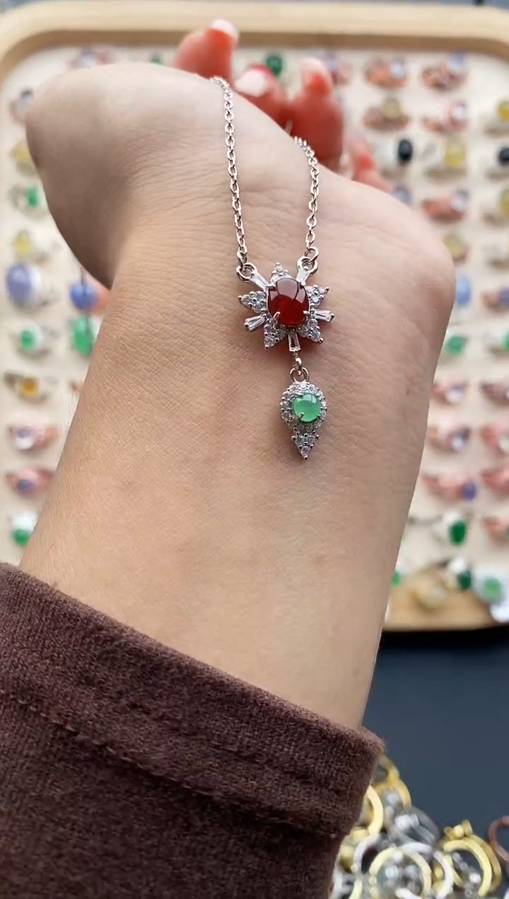 【闪购商品】翡翠颈饰银S925镶嵌缅甸天然A货翡翠111 1+3