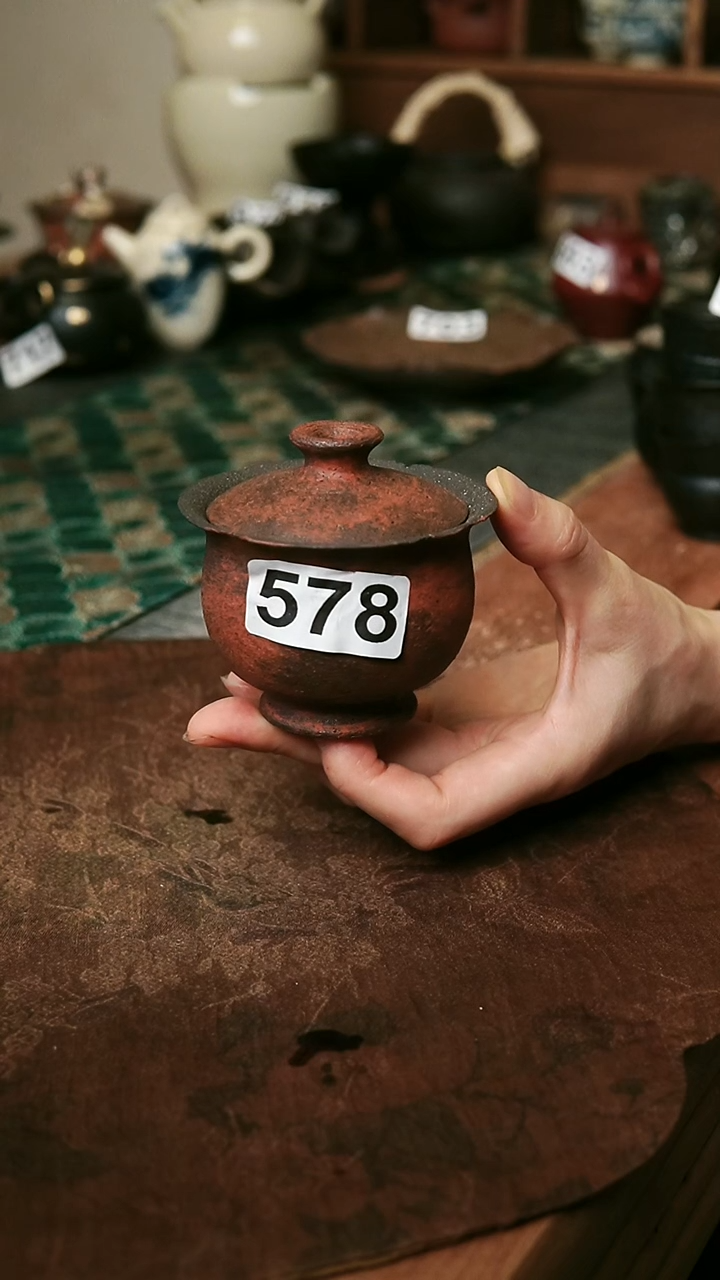 紫砂全手工粉引系列-古朴红125毫升盖碗