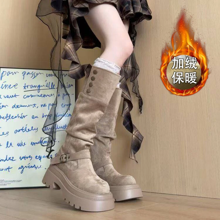 美拉德长筒靴子女2025新款秋季复古百搭显瘦增高厚底西部骑士靴女