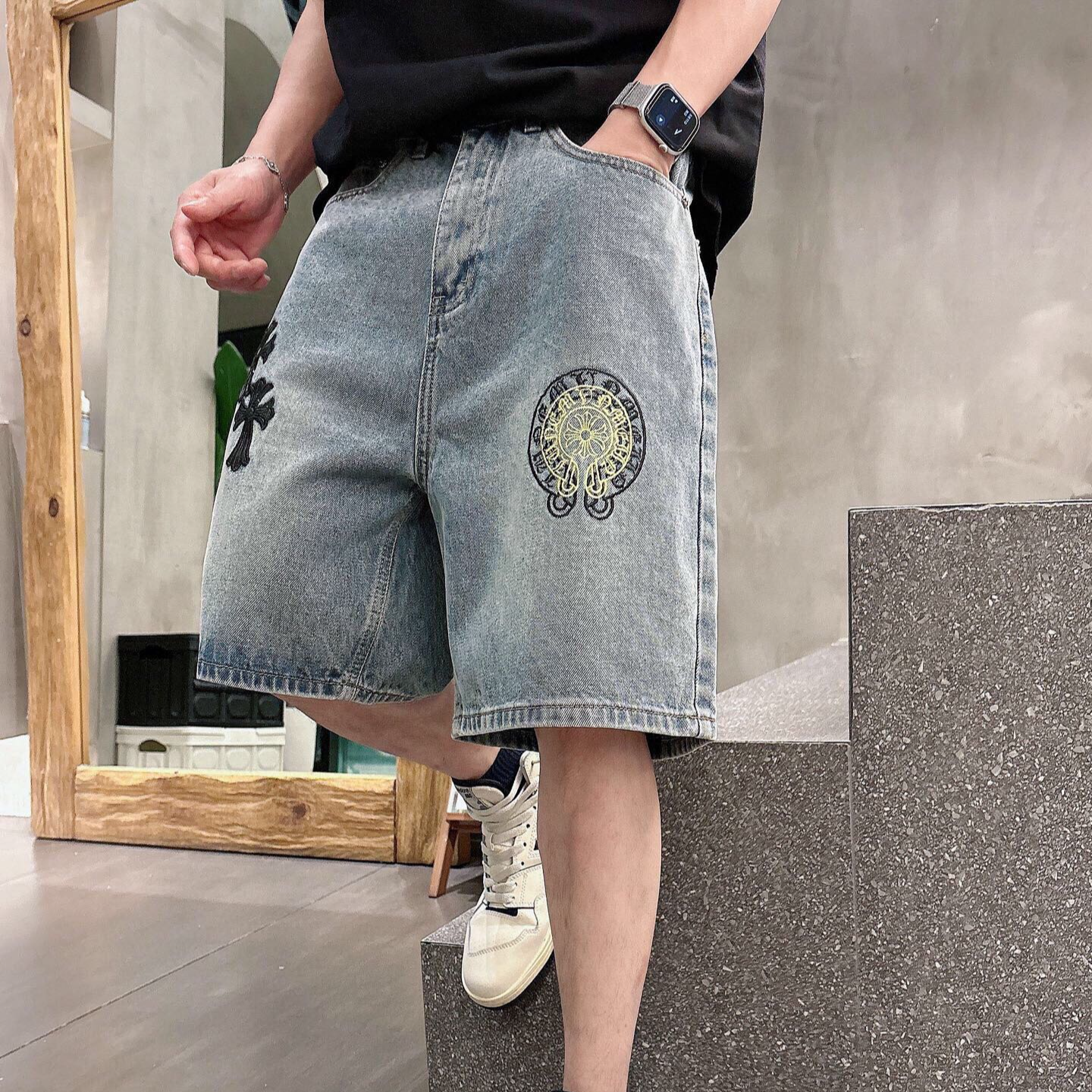 高端男士短裤五分裤重工水洗牛仔休闲时尚吸汗透气拼皮刺绣2065