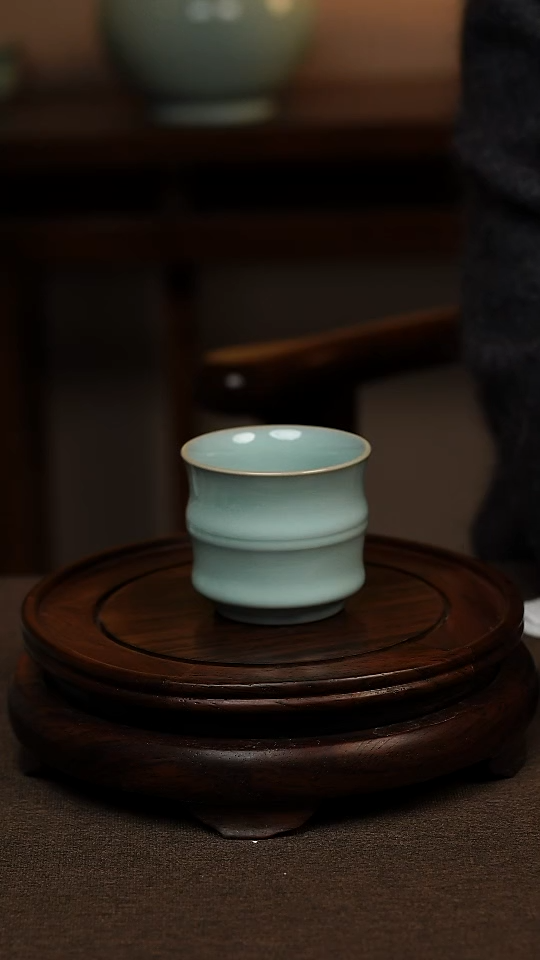 瓷片天青色全手工竹节杯100ml微瑕不带礼盒
