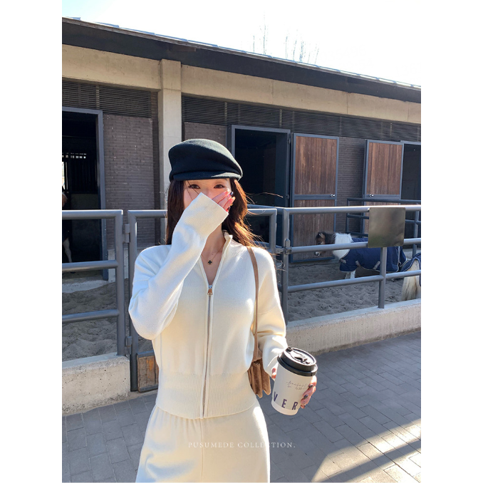 pusumede 私服专线 黑色美式立领长袖针织开衫女气质舒适短款外套