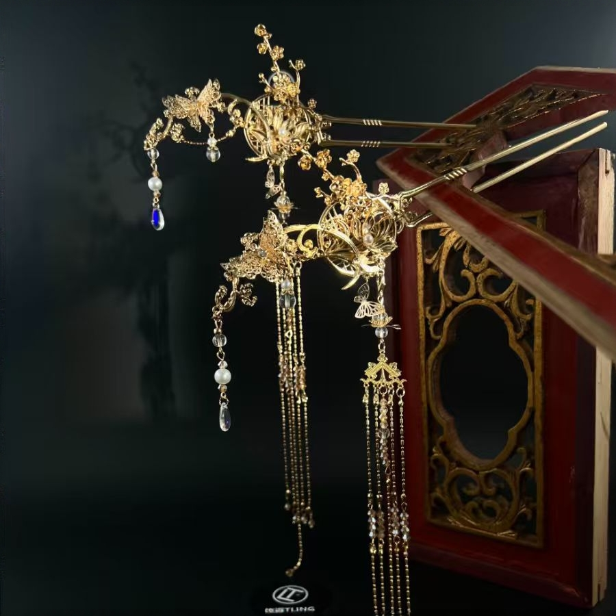 J049新中式古风金色蝴蝶花二次元长流苏发簪【一个】