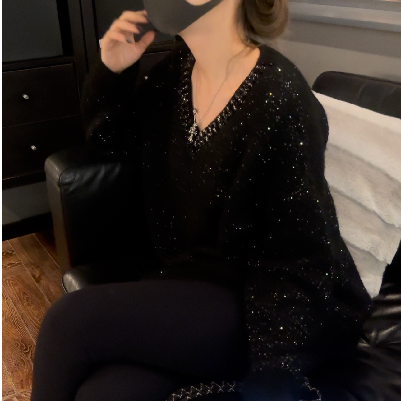 加厚亮片毛衣 大板型时尚休闲款套头蕾丝长袖百搭宽松黑色冬季