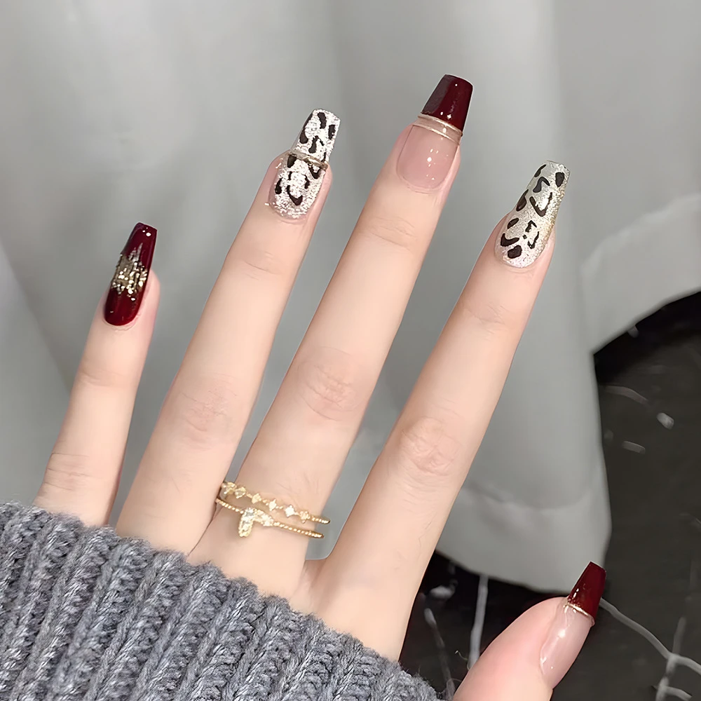 【銮金豹纹】纯手工穿戴甲酒红法式美甲銮金豹纹可拆卸指甲美甲甲片