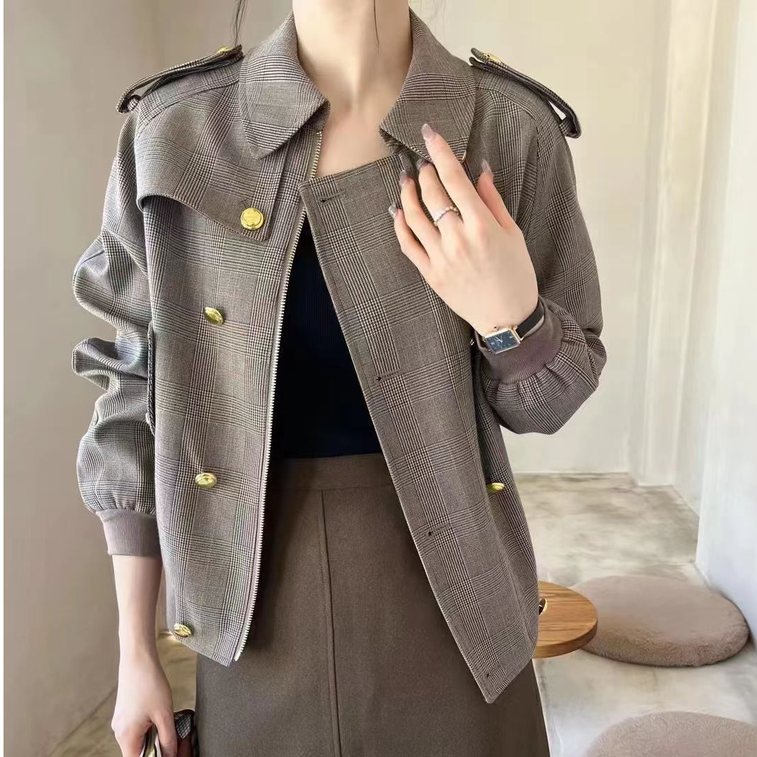 未使用 Celine/思琳 格纹翻领长袖 巧克力色/36