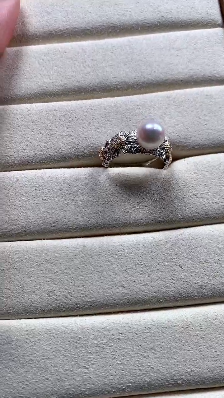 【闪购商品】海水珍珠戒指银S925镶嵌宽版蕾丝珍珠戒指
