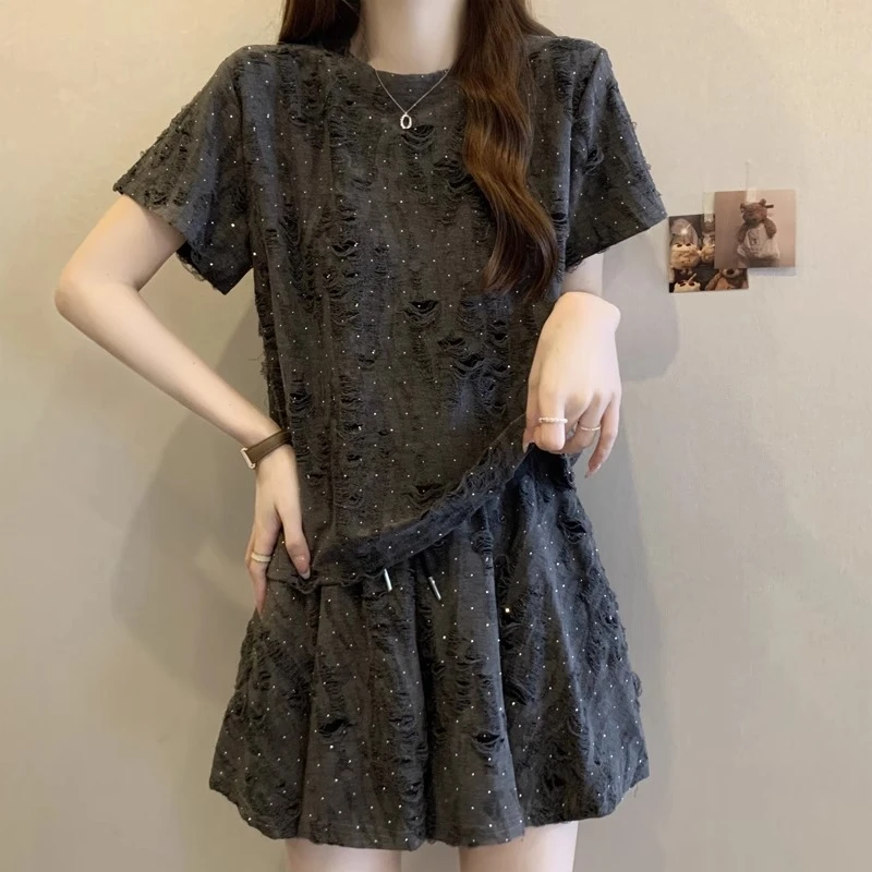 设计感破洞亮钻两件套装潮夏季大码胖mm盐系穿搭短裤套装女200斤 