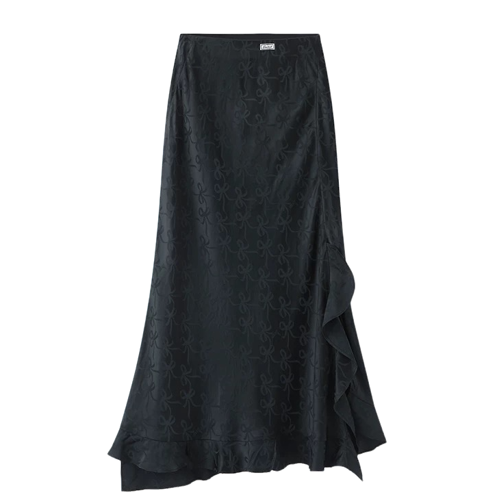 78.2025春季新款荷叶边开叉设计蝴蝶结缎面黑色裙子