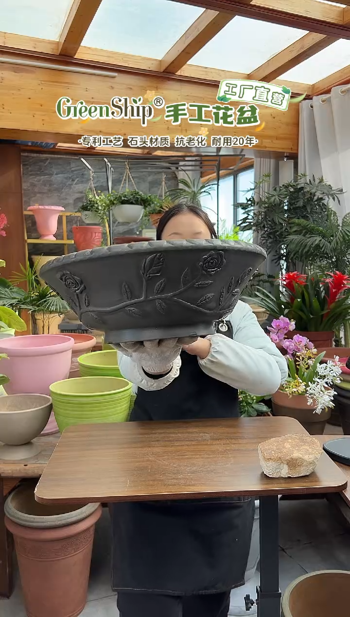 39*14/AAA39/【孤品】黑色手工浮雕碗莲盆