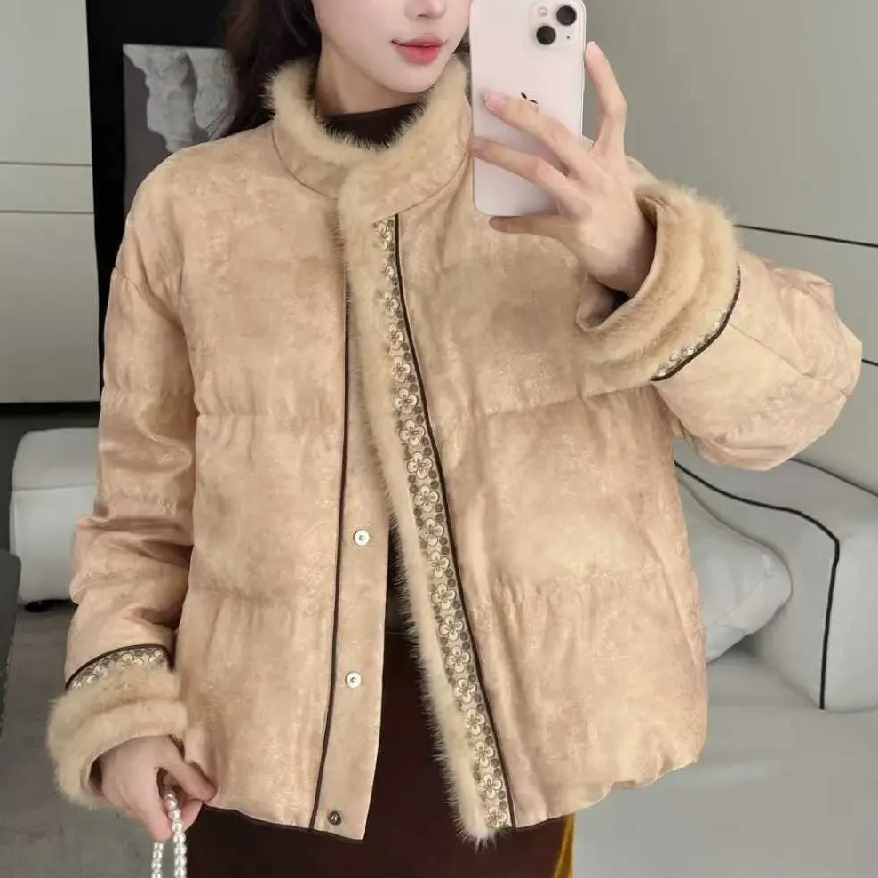 国风新中式羽绒服女百搭时尚洋气短90白鸭绒羽绒服水貂毛领口