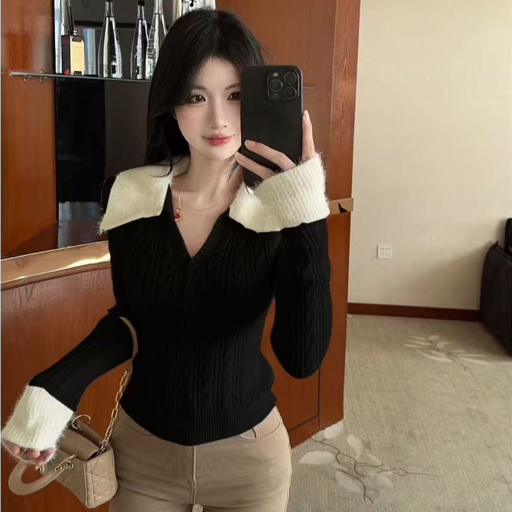 V领针织衫打底衫上衣拼接毛领不掉毛