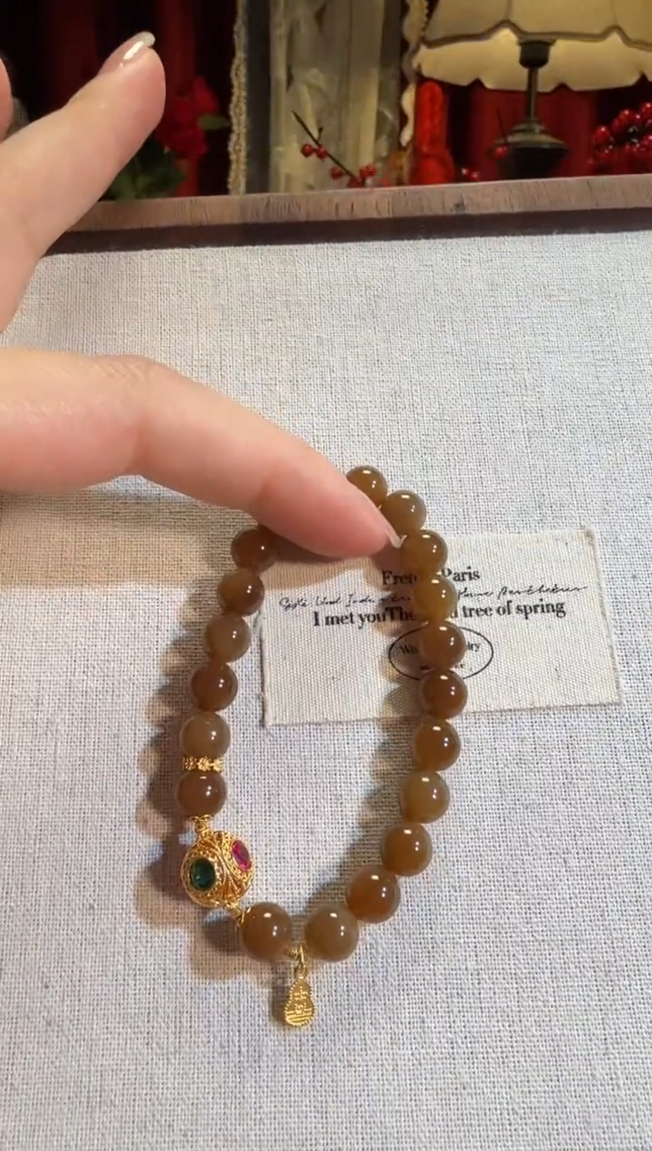 【闪购商品】和田玉（糖玉）手链18K金镶嵌高品糖玉全金