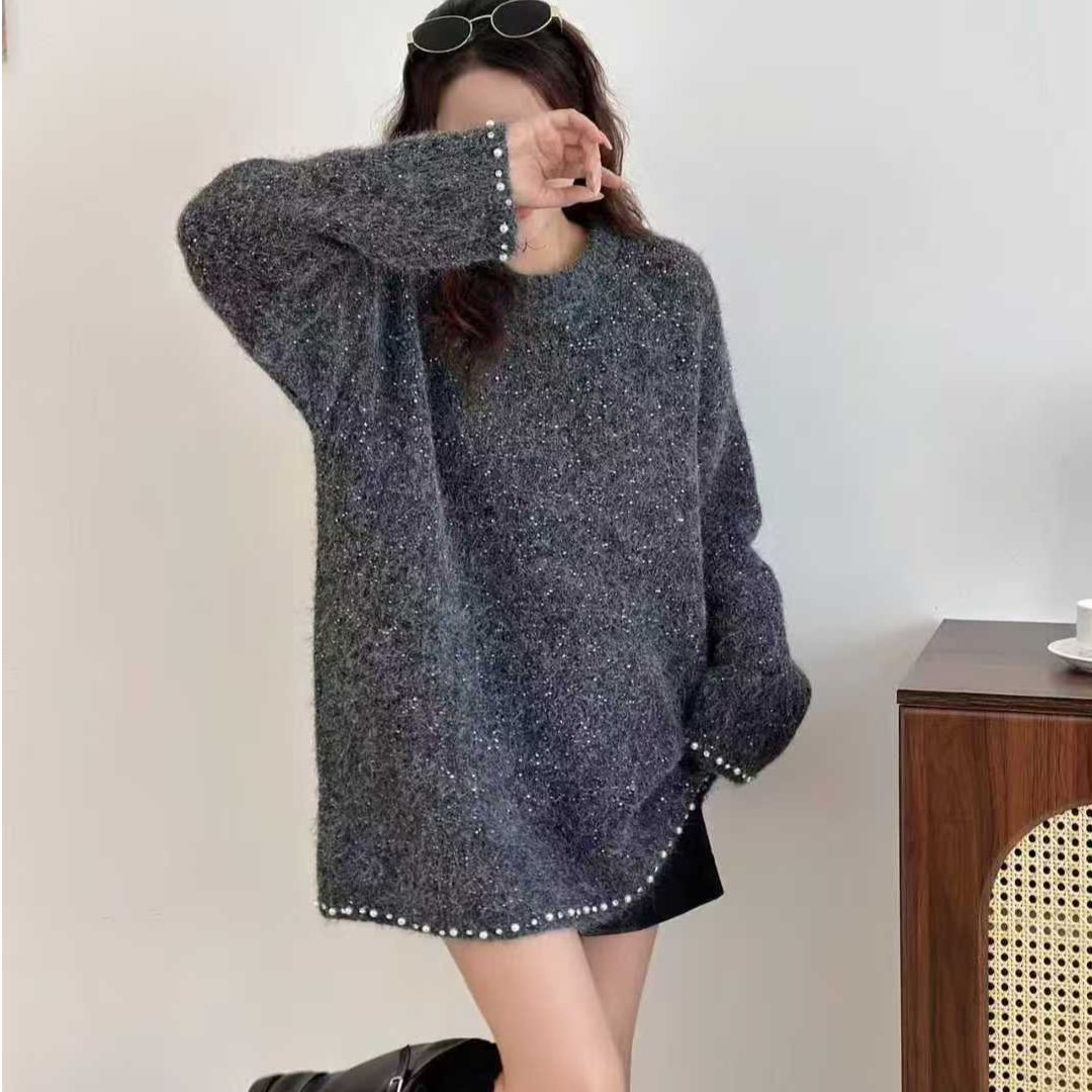 重工亮片～节日氛围感圆领下摆钉珠显瘦气质长袖毛衣