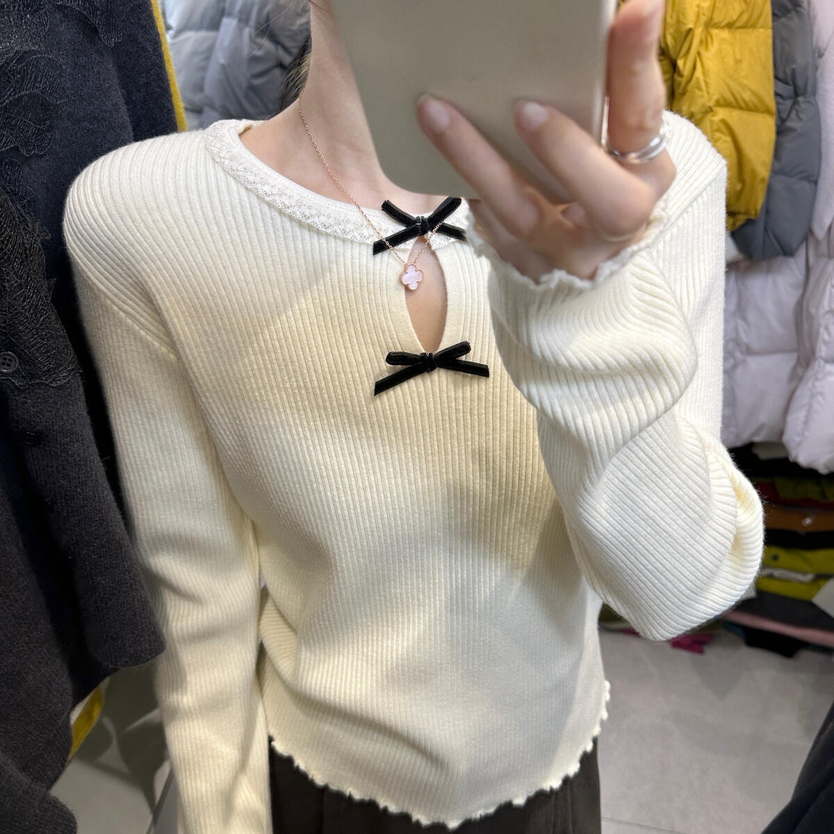 ZB#木耳边长袖针织衫秋冬法式甜美风蝴蝶结镂空修身显瘦内搭毛衣