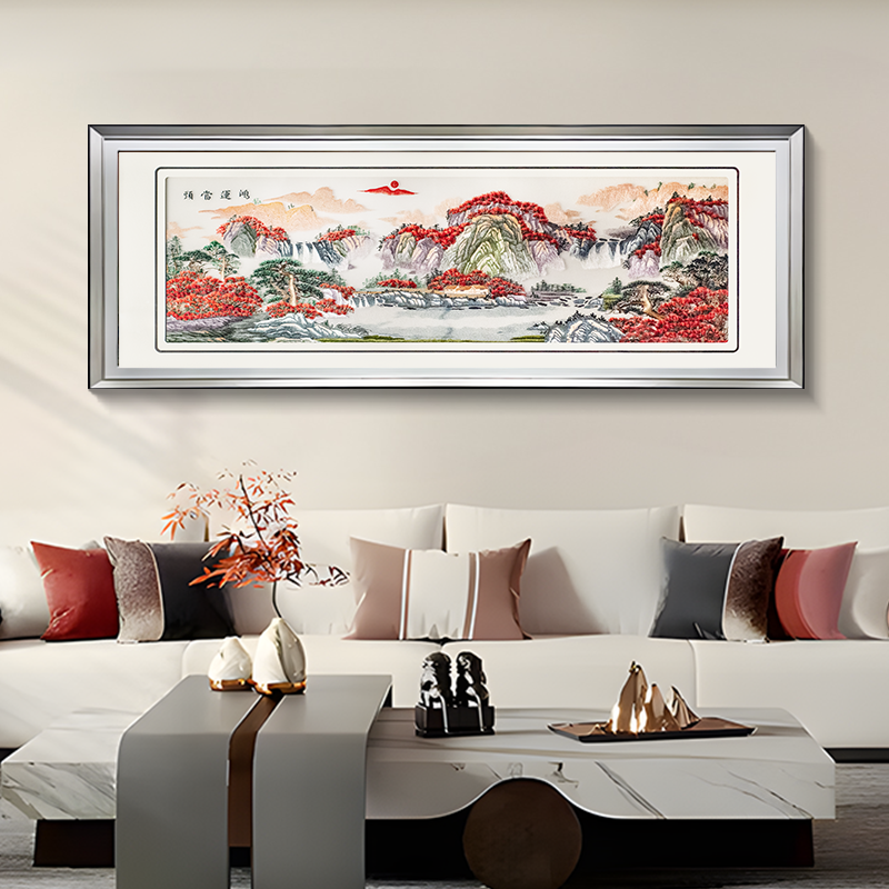 鸿运当头手工刺绣沙发背景墙壁画客厅装饰画风水山水画鸿运 80240