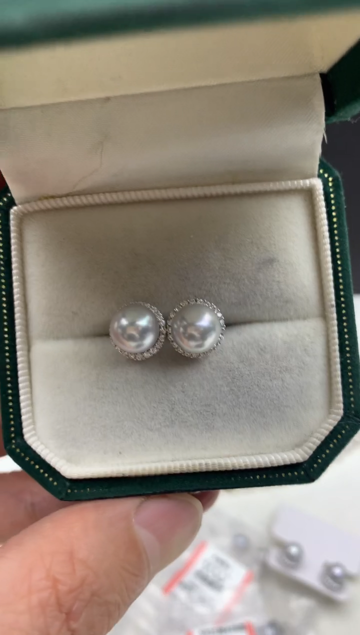 银S925镶嵌ff海水珍珠akoya灰珠耳饰7~8mm