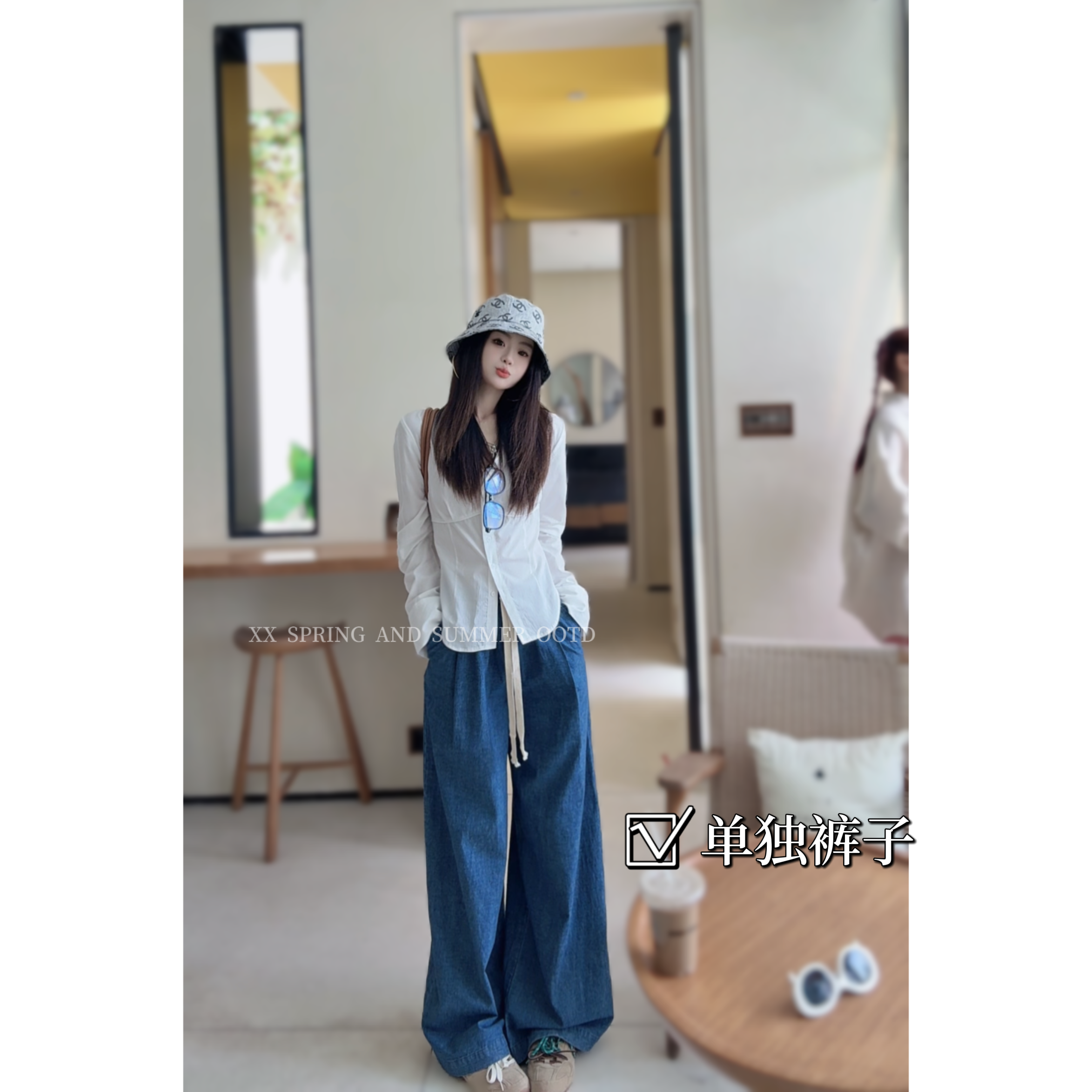 抽绳深蓝色阔腿牛仔裤K0424