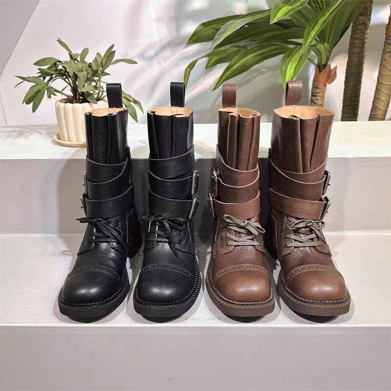 【阿布】2218-3 欧洲站女鞋2025秋冬新品欧货圆头皮带扣方跟套筒靴