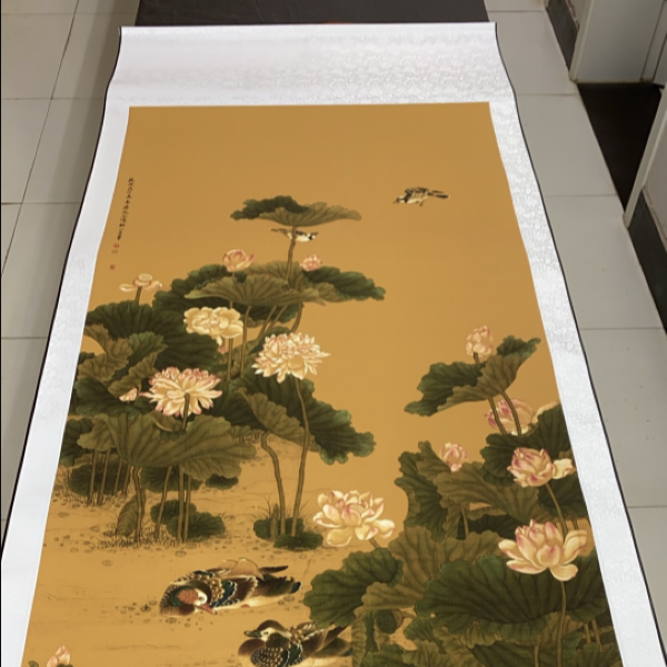 清代 沈铨《荷塘鸳鸯》180*72高清数字微喷 复刻 居家装饰挂画