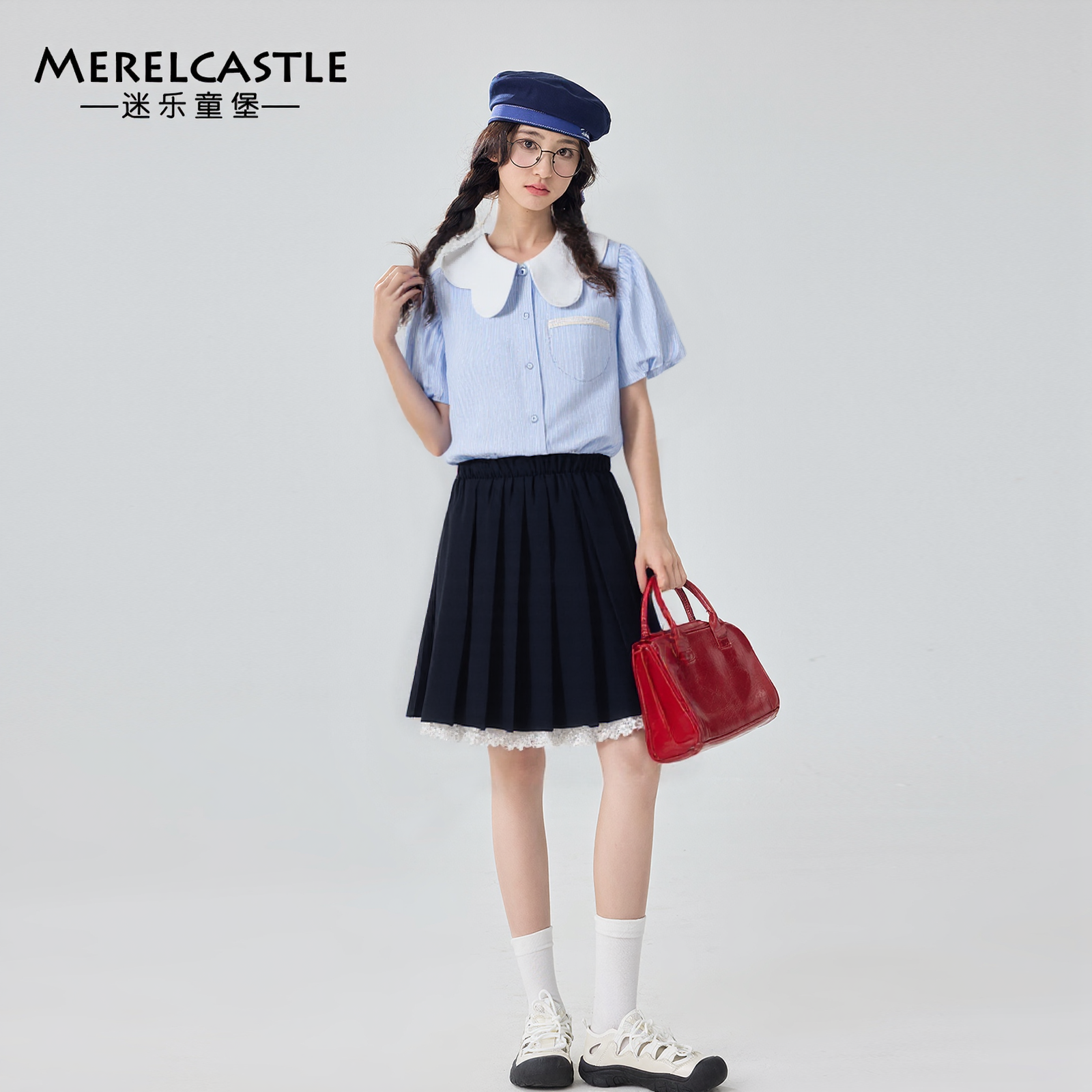 C5644女大童花边翻领小衫套装