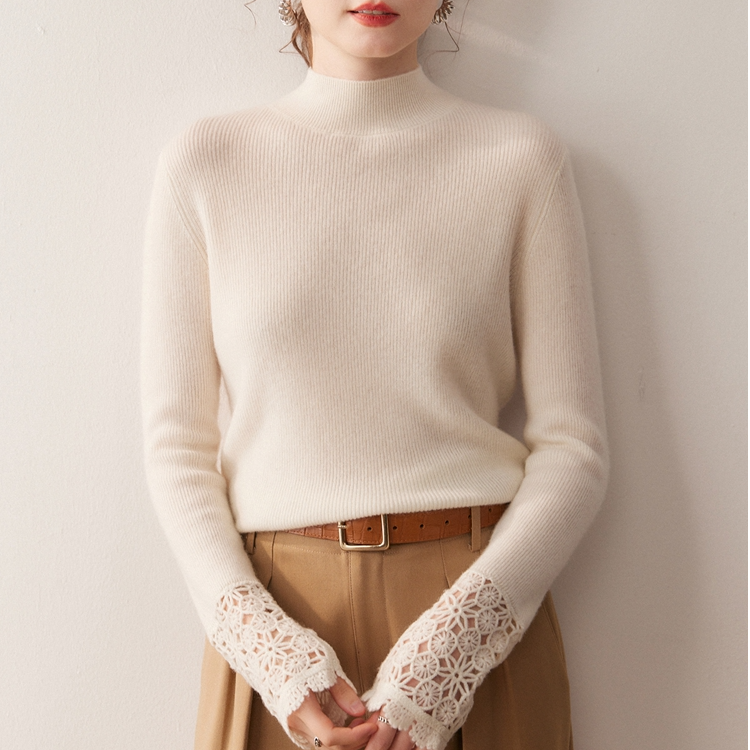 220克羊绒高弹四平针手工钩花紧身半高领保暖打底上衣DMC5249