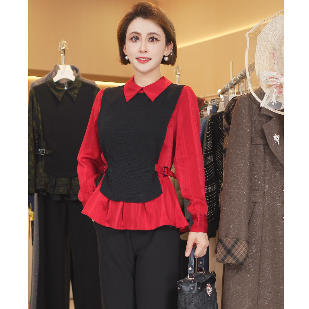 W8365衬衫女碎花拼接背心假两件马甲针织衫显瘦上衣打底2025秋装