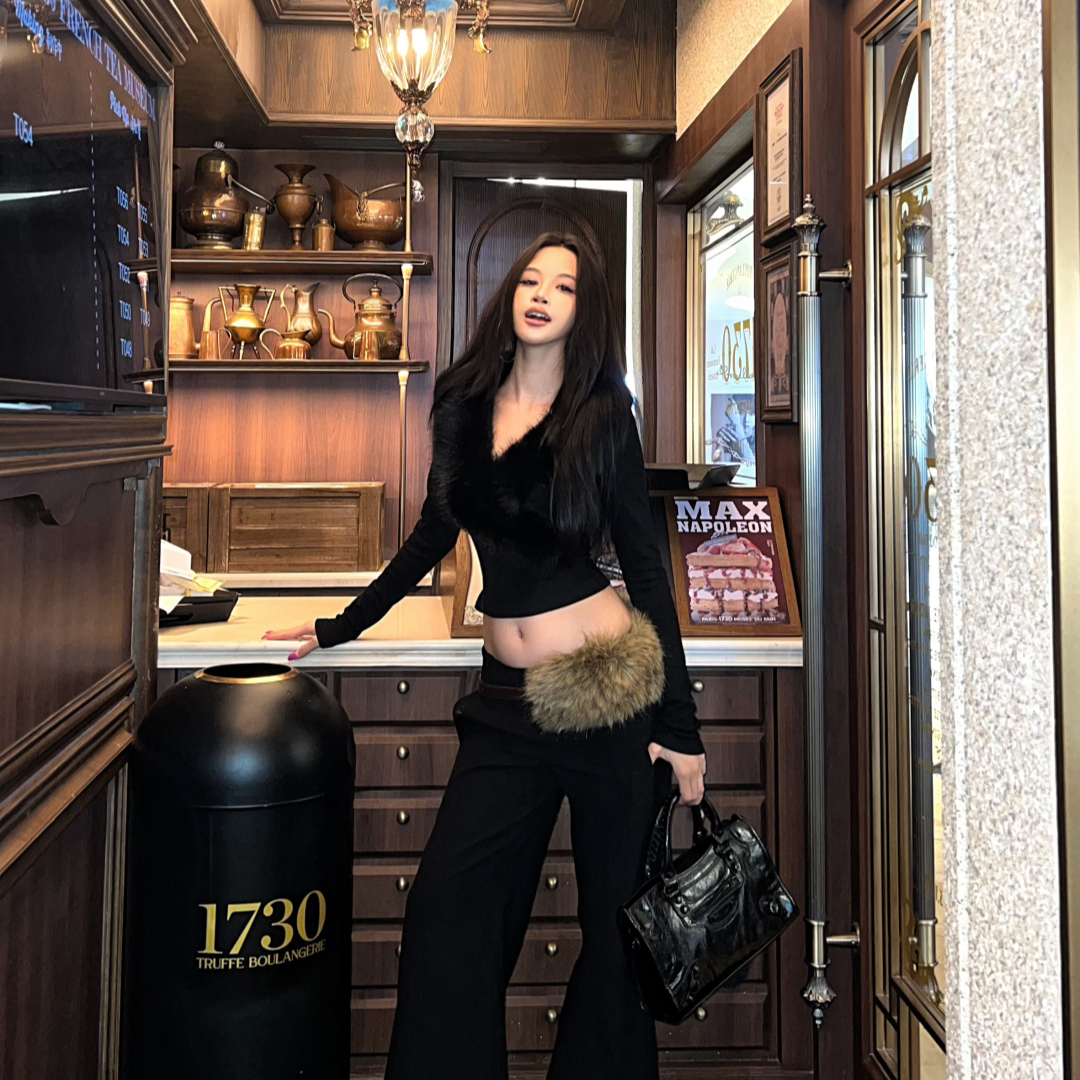 高级感穿搭套装2025冬季毛领长袖上衣裤子两件套