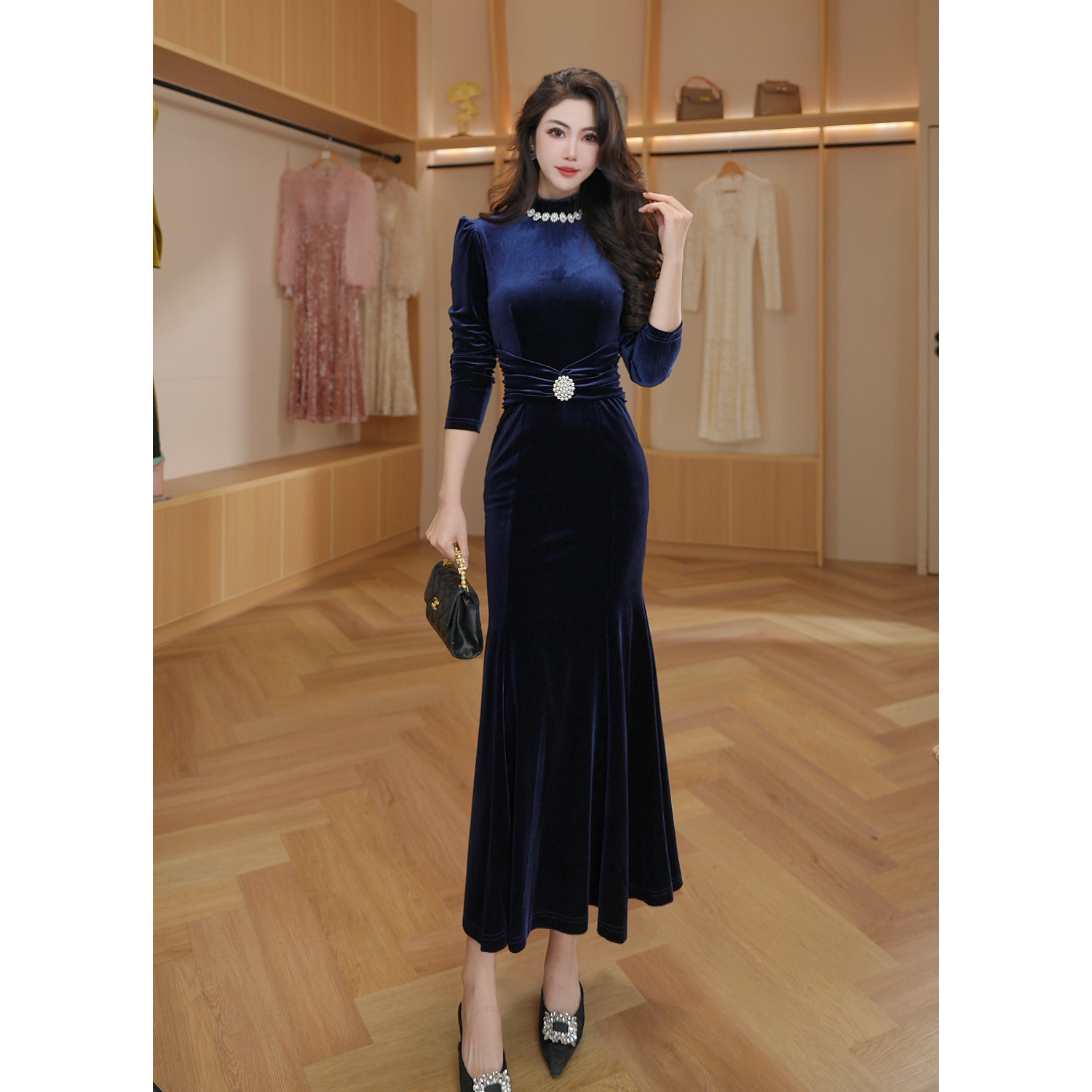 【琼仪定制】2025冬季气质V领新款女装复古轻熟风收腰连衣裙9967